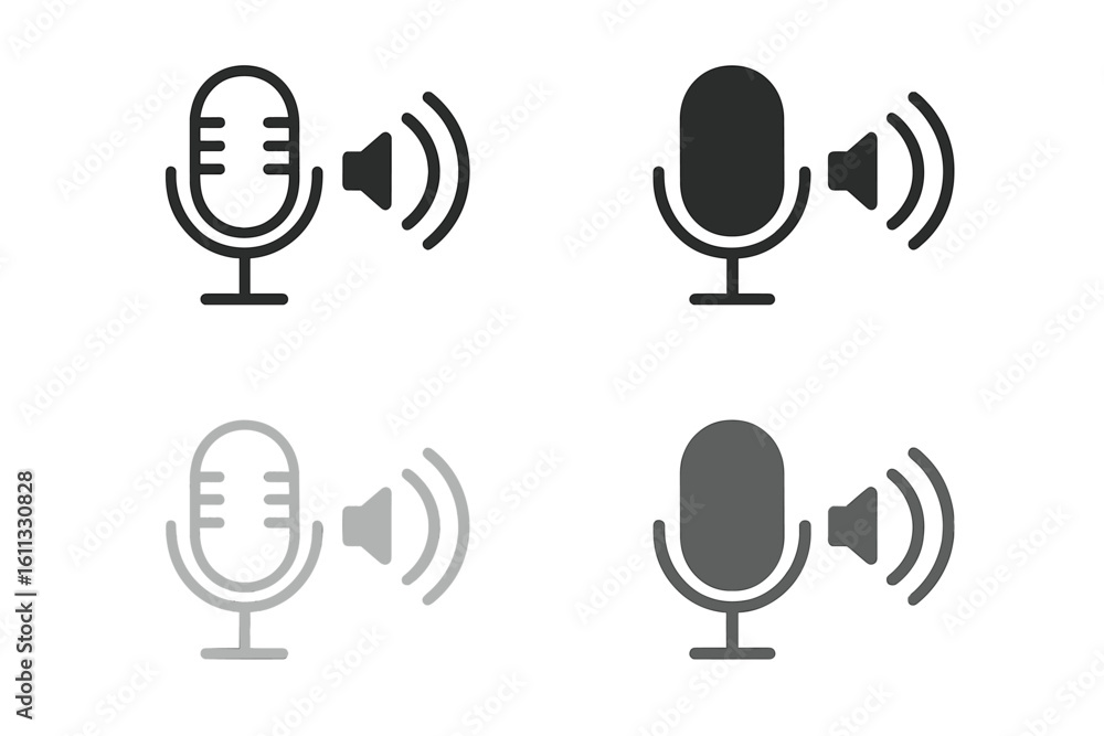 Poster microphone and speaker icon set. sound and audio symbols for ui ux design. voice recording and broad