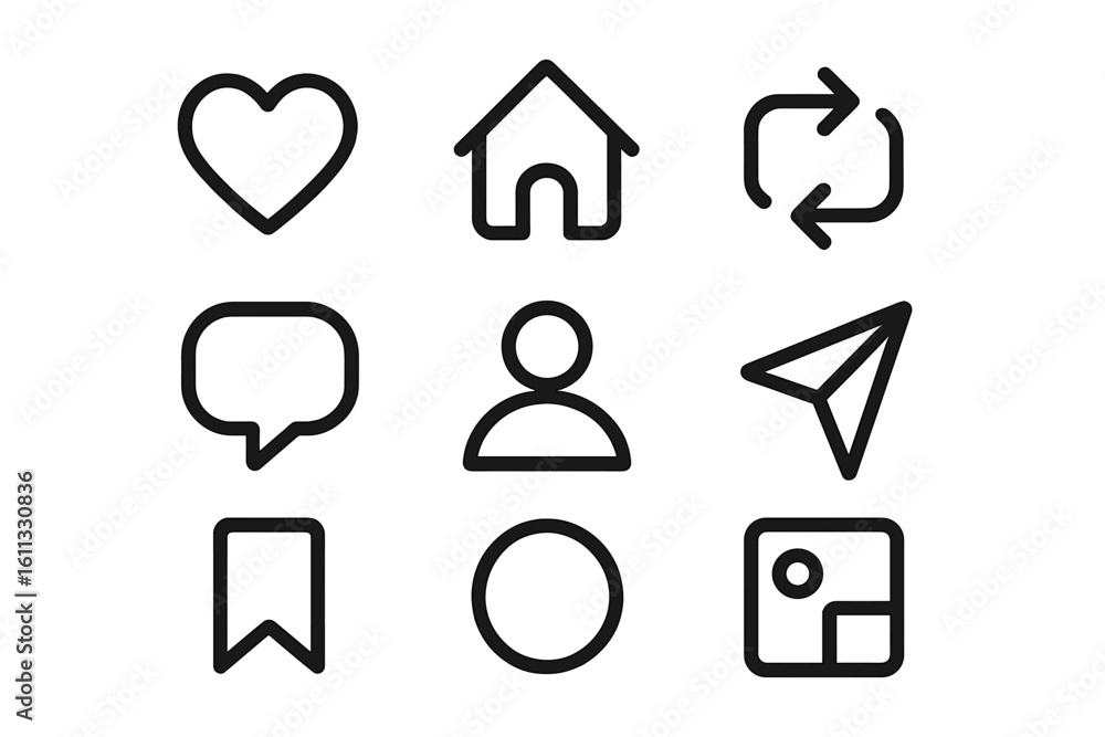 Poster social media interface icons collection. line art vector set for ui and ux design including like, ho