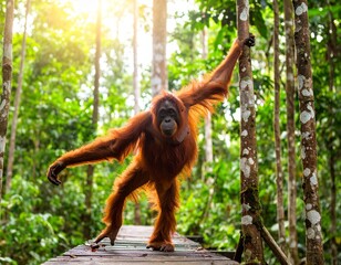 Naklejka premium A curious orangutan stands on a wooden path, stretching its long arms to the trees in a playful pose