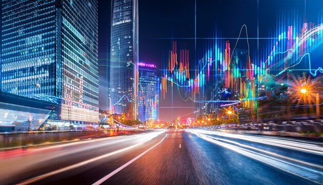 vibrant city street scene at night with fast moving blurred traffic and colorful digital stock market or financial growth graph visual - Powered by Adobe