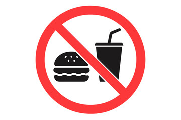 No food and no drink sign. Eating and drinking is prohibited. Forbidden symbol with burger and soda. Red prohibition warning circle icon. Vector illustration isolated.