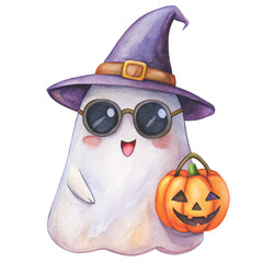 Cute kawaii ghost hugging a smiling Witch hat and sunglasses 