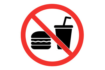 No food and drink sign. Red prohibition symbol. Eating and drinking not allowed icon. Forbidden food and beverage pictogram for public places. Vector illustration isolated.