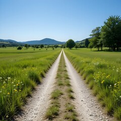 Discover a serene countryside escape along a sun-kissed dirt road, perfect for scenic drives, peaceful walks, and promoting rural tourism today