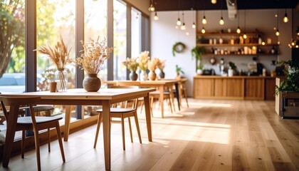 自然光が差し込むナチュラルで温かみのある木製家具のカフェ店内の風景イラスト｜カフェ,店内,木製テーブル,自然光,ナチュラル空間,ドライフラワー