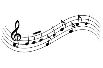 Flowing musical notes on a staff. Wavy music score with treble clef. Concept for melody, song, and harmony. Abstract sound wave vector illustration for design.
