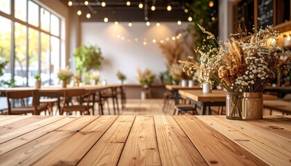 自然光が差し込むナチュラルで温かみのある木製家具のカフェ店内の風景イラスト｜カフェ,店内,木製テーブル,自然光,ナチュラル空間,ドライフラワー