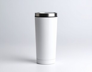 白背景に配置されたステンレス製タンブラーのシンプルな商品モックアップイラスト｜タンブラー,白,ドリンク容器,モックアップ,シンプルデザイン