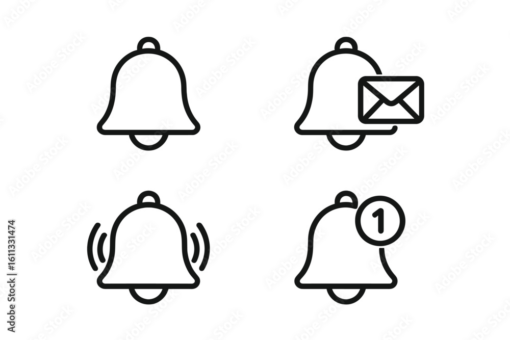 Poster notification bell icon set. ringing alert, new message, and reminder symbols. social media notice si