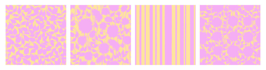 Hand drawn vector dahlia flower, leaves, stripes seamless patterns in pink and yellow color.