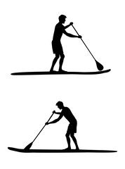 Character standing on paddle boards in sea or ocean waves. Man enjoying modern water sport - sup surfing. Summer activity and healthy lifestyle.