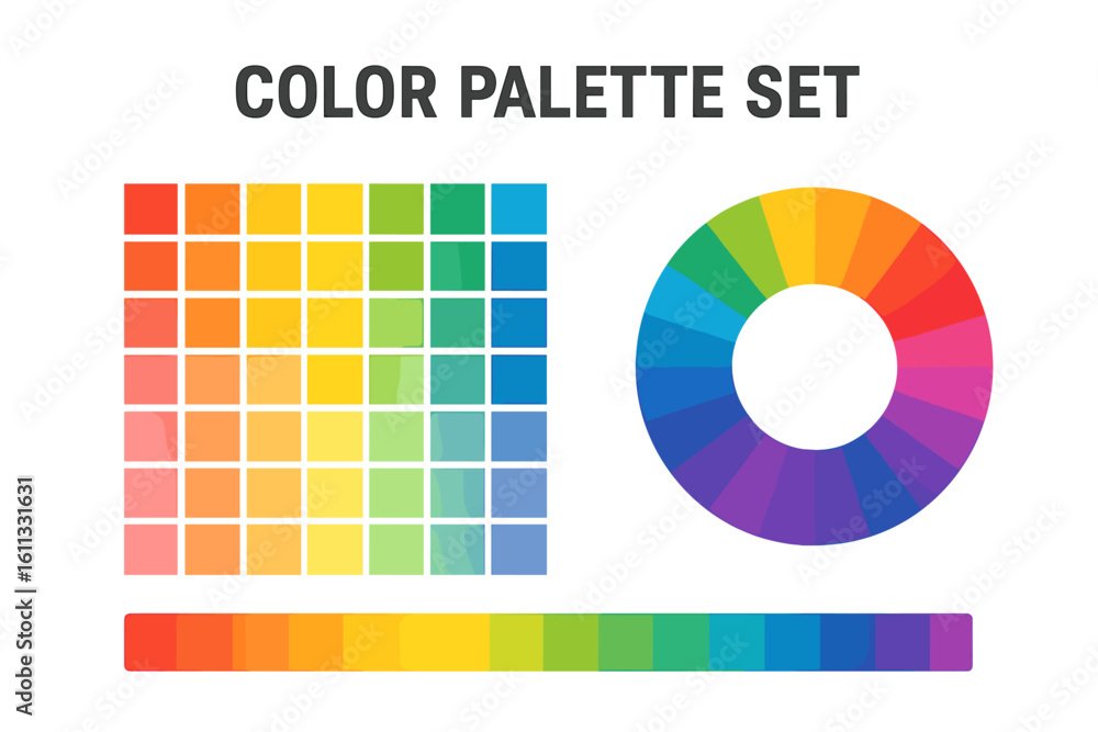 Poster vector color palette set featuring a vibrant rainbow color wheel, a smooth gradient bar, and a grid 