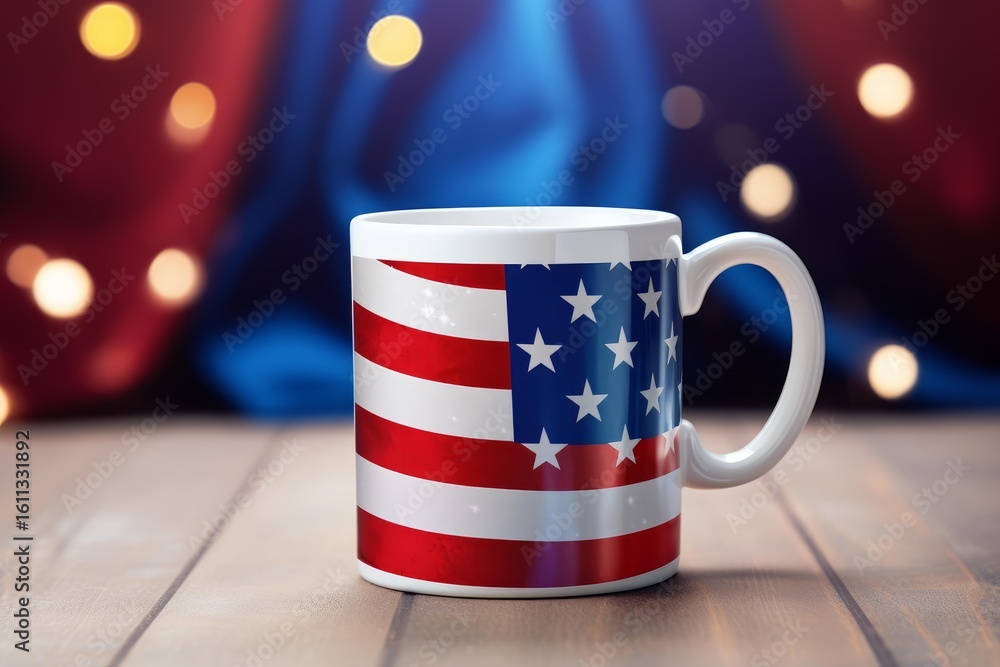 Poster white mug with american flag printed on surface standing on wooden table with bokeh effect on backgr