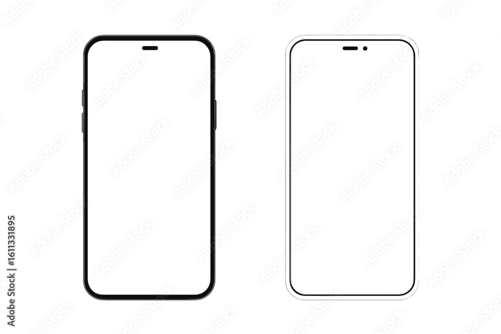 Poster smartphone mockup with blank white screen. mobile phone template with black and white models. realis