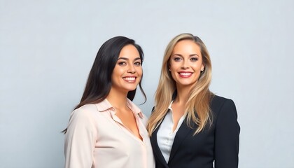 Two professional business women smiling portrait for corporate headshots and company leadership team photos