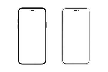 Smartphone mockup with blank white screen. Mobile phone template with black and white models. Realistic device front view for app design. Vector isolated illustration.
