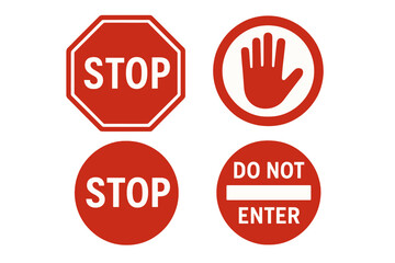 Stop red sign icon set with hand print. Do not enter traffic symbol collection. Road safety warning vector illustration. Prohibited access and danger alert isolated graphic element.