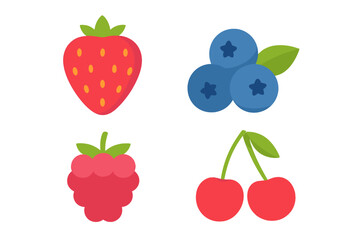 Sweet berry icon set including strawberry, raspberry, blueberry, and cherry. Simple flat vector illustration. Healthy fresh natural organic fruit collection for modern design.