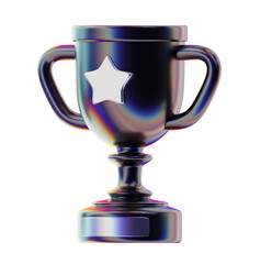 Iridescent holographic trophy cup with star; achievement, success, award concept.