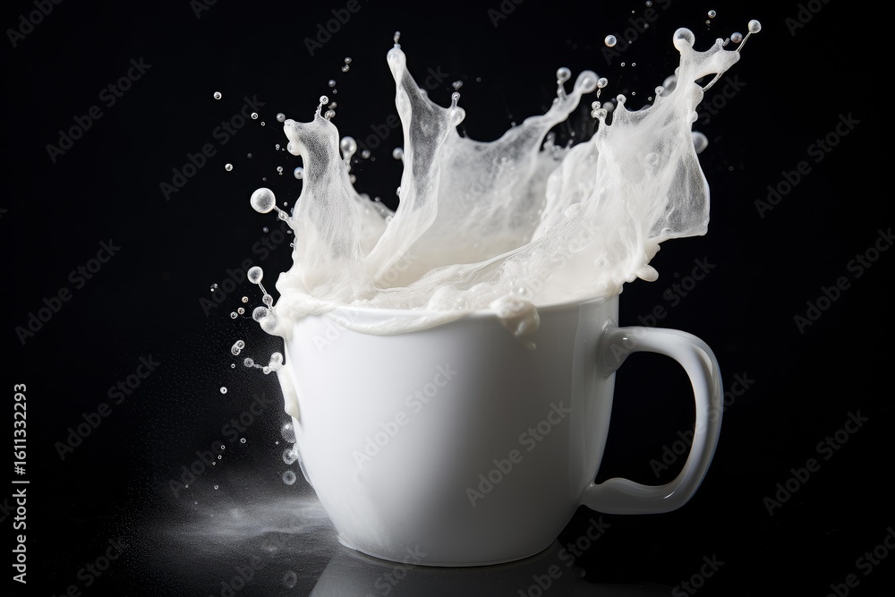 Poster white mug overflowing with milk creating splash on dark background