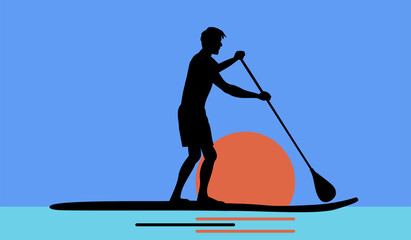 Character standing on paddle boards in sea or ocean waves. Man enjoying modern water sport - sup surfing. Summer activity and healthy lifestyle.