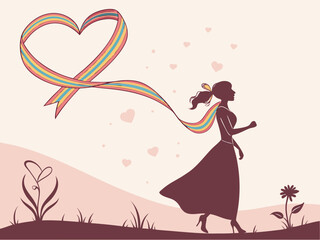 Silhouette of a woman walking with a heart shaped rainbow ribbon in a dreamy landscape