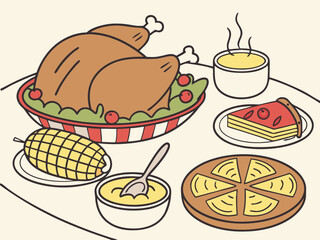 Festive Thanksgiving Dinner Illustration with Turkey Corn Pie and Gravy on a Table