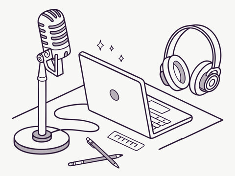 podcast setup: microphone, laptop, headphones clip art preview