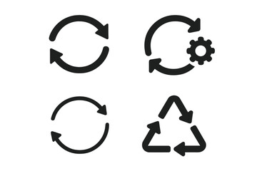 Sync process and reload icon set. Circle arrow with gear for workflow automation and processing. Update, refresh, and recurrence symbols. Includes universal recycling icon.