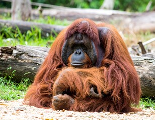 A close-up of a male orangutan sitting calmly on the ground, surrounded by logs and grass, looking contemplative
