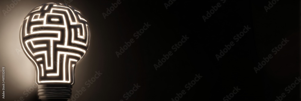 Poster maze design glowing within a lightbulb shape in a dark minimal setting