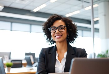 Portrait of a confident business woman working in office with laptop and wearing glasses smiling