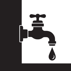A black and white illustration of a faucet with a water drop on a white background with black border