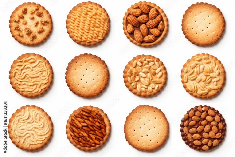 Poster twelve round cookies with various toppings and patterns, creating a visually appealing arrangement o