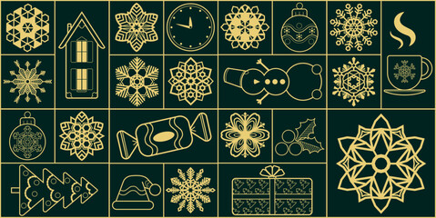 Geometric Xmas ornament. Christmas modern festive decoration. Simple winter shapes. Abstract holiday design. Minimal Bauhaus symbols. Outline snowflake. Gift box and sweets. Fir tree. Vector line set