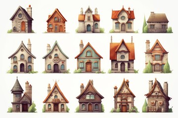 Fototapeta premium Fifteen colorful fantasy houses exhibiting unique architectural styles are arranged in a grid, creating a whimsical neighborhood scene