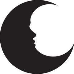 A black and white illustration of a crescent moon with a face silhouette inside the shape of the moon