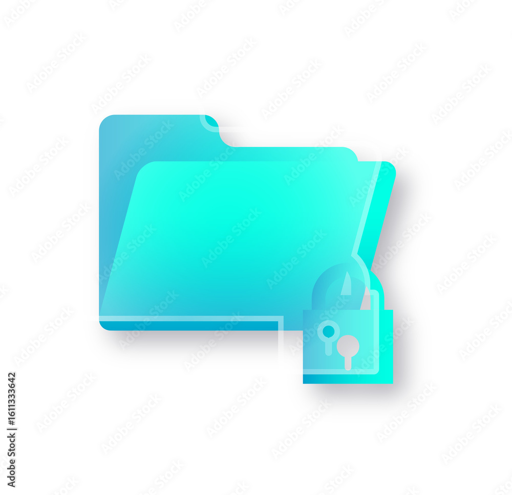 Poster abstract teal folder icon with padlock; secure data concept, digital privacy, modern design.