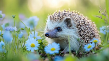 Fototapeta premium Enchanting hedgehog nestled among wildflowers, bathed in soft summer light