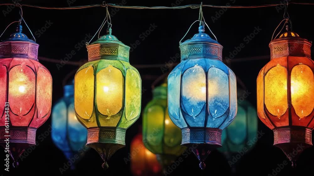 Poster multi-colored string lights hanging from ceiling in nighttime setting. lanterns illuminate room with