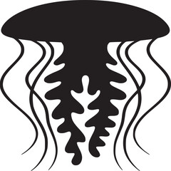 A black and white illustration of a jellyfish with flowing tentacles on a white background design art