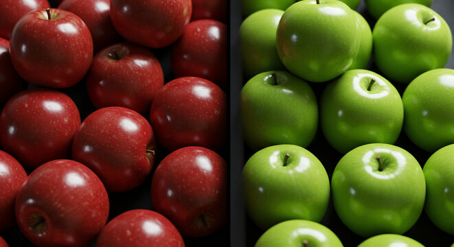 A close-up shot showcasing a vibrant contrast between a group of red apples and a group of green apples, side by side. - Powered by Adobe