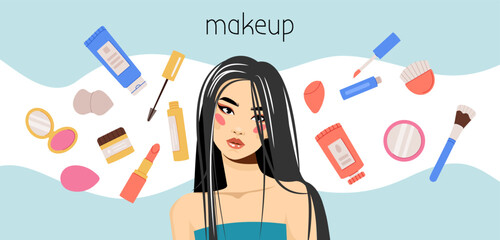 Makeup banner. Beauty cosmetics icons, beautiful woman portrait, lipstick and face powder or foundation, skincare products. Poster design, skincare items. Vector cartoon flat isolated illustration