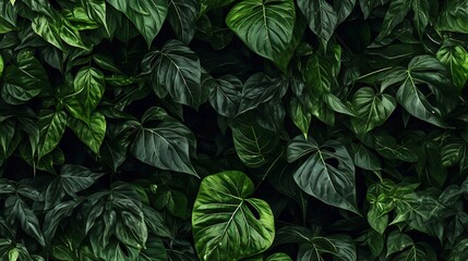 Dense arrangement of lush green tropical jungle leaves with detailed veins foliage