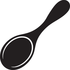 A simple black and white illustration of a spoon with a long handle and oval shaped bowl design