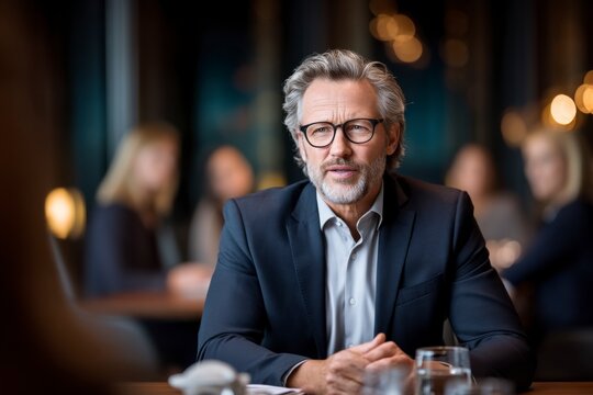 A mature man with glasses and a beard sits confidently at a table in a professional setting, with blurred people and warm lights in the background.