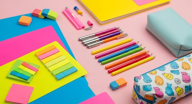 Flat lay of colorful school supplies including pens pencils notebooks and pencil cases on pink background - Powered by Adobe