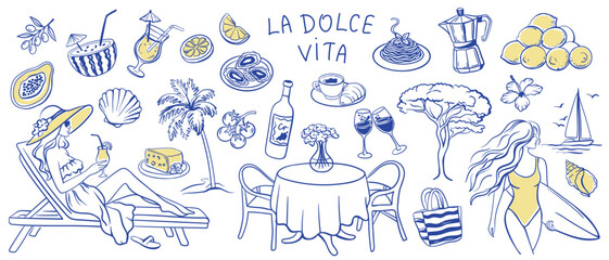Сoast vacation Amalfi with seafood; italian food; oysters; lemons; yacht; girl on beach; landscape; rocks. Summer coastal lifestyle of Italy. Vector doodle illustration in hand drawn pencil sketch