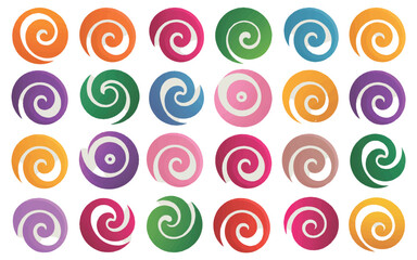 Colorful collection of abstract spiral and swirl elements for modern decorative design projects.