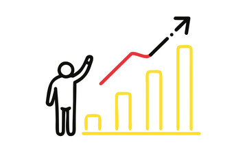 Stylized person with rising graph and upward arrow on white background growth success